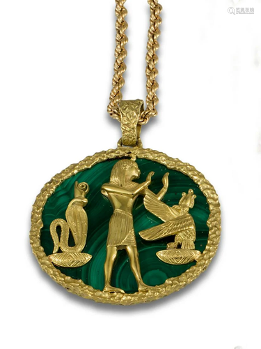 EGYPTIAN MALACHITE GOLD CHAIN AND PENDANT