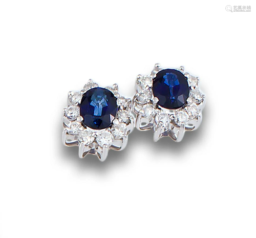 WHITE GOLD FLOWER EARRINGS, SAPPHIRES DIAMONDS 25