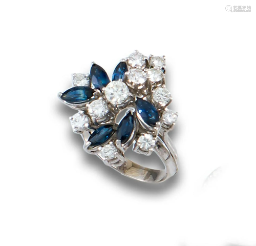 RING 60'S GOLD DIAMONDS SAPPHIRES