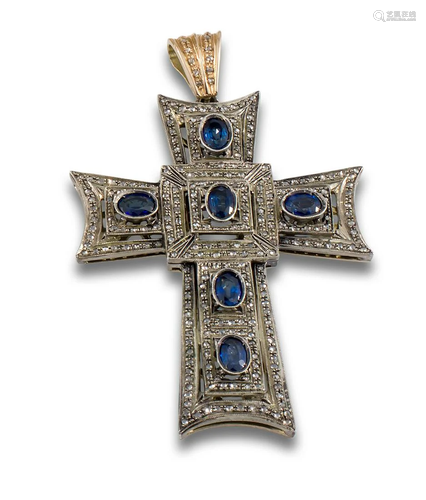 GOLD CROSS PENDANT SILVER DIAMONDS SAPPHIRES SILVER