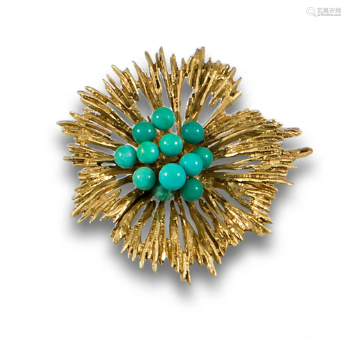 TURQUOISE GOLD FLOWER BROOCH