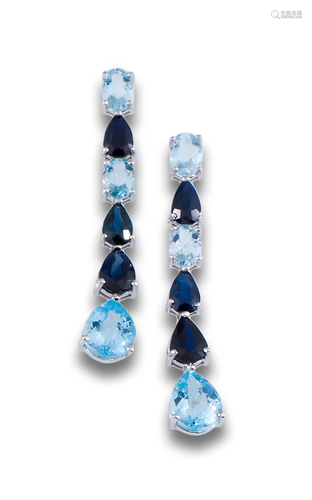 WHITE GOLD LONG EARRINGS SAPPHIRES TOPAZES