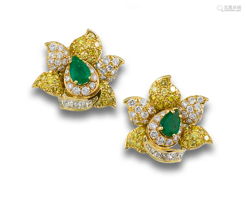 GOLD FLOWER EARRINGS EMERALDS DIAMONDS