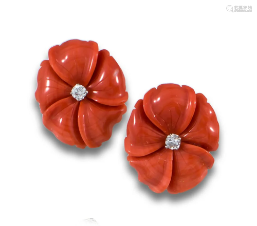 PLATINUM CORAL CORAL FLOWER EARRINGS DIAMONDS