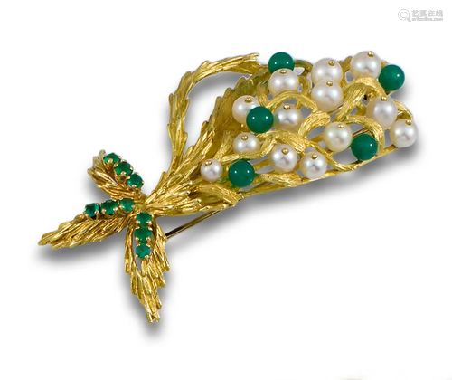 CHRYSOPRASE GOLD PEARL BROOCH 71