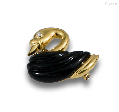 ONYX GOLD SWAN BROOCH