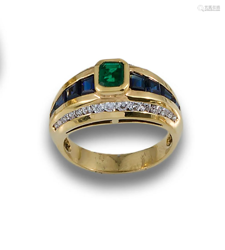 GOLD RING WITH EMERALD DIAMONDS AND SAPPHIRES