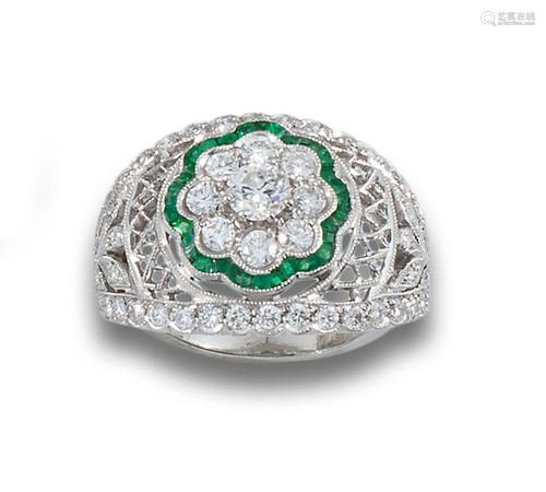 PLATINUM OPENWORK DECO RING WITH EMERALDS AND DIAMO…