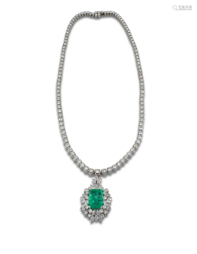 RIVIERE GOLD DIAMOND NECKLACE AND EMERALD PENDANT