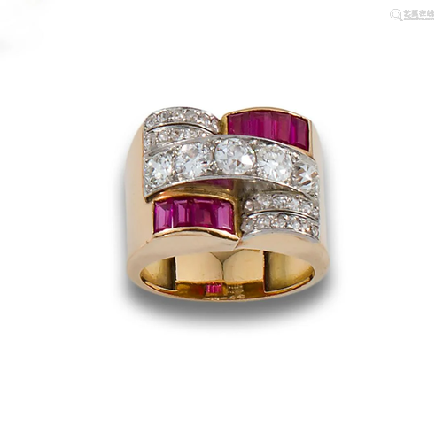 CHEVALIER RING TWO GOLDS DIAMONDS RUBIES