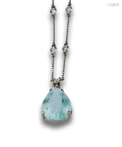 GOLD CHAIN AND PENDANT WITH DIAMONDS AND AQUAMARINE