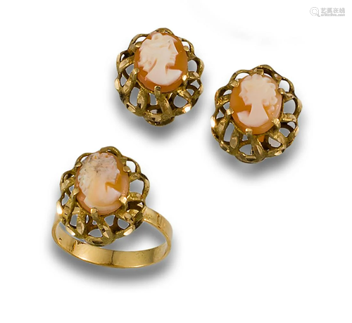 Set of cameo ring, and matching earrings in gold