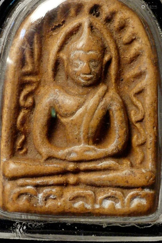 Early Thai Amulet. Piece is 1 1/8 tall, height in case