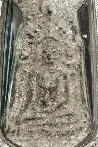 Very early Thai bronze Buddha Amulet in a plexiglass