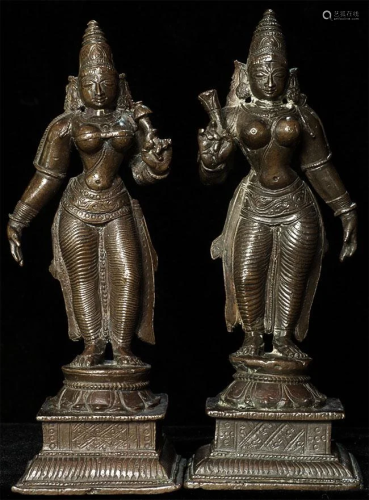 Near pair of well-cast Indian bronze figures.