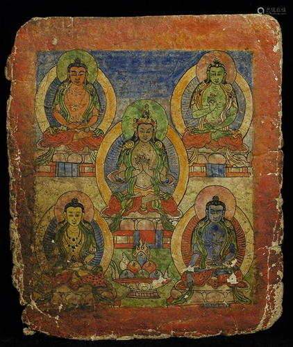 18/19thC Tibetan Buddhist painting with writing on the