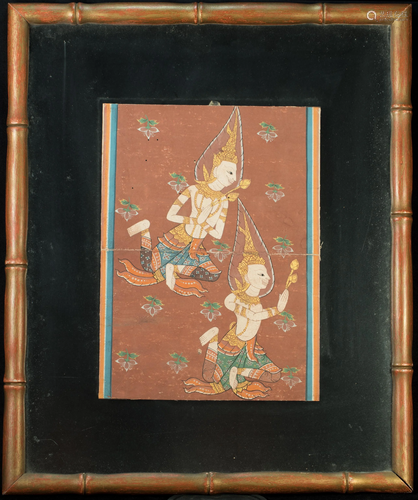 Framed antique Thai manuscript painting.