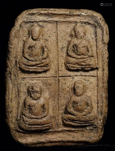 Good antique SE Asian 4 Buddha clay tablet. Sits 2.25