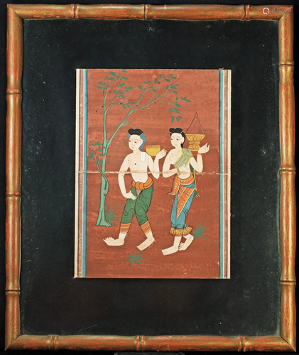 Framed antique Thai manuscript painting. Lovely