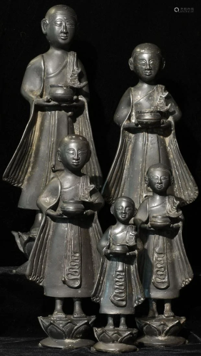 Delightful set of 5 Burmese solid-cast monks.Look to be