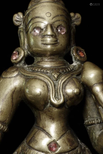 Animated 18/19thC Hindu bronze figure with inlaid