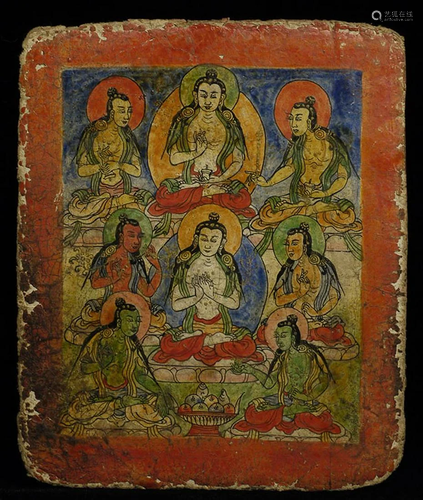 18/19thC Tibetan Buddhist painting with writing on the