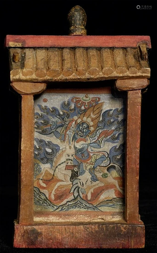 THANGKA- well executed, inside handmade wooden shrine.