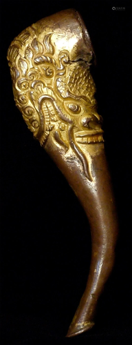 Very fine antique Tibetan gilded copper dragon pipe