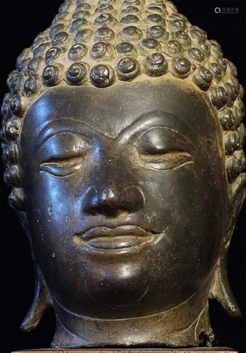 Authentic 17/18thC Bronze Buddha head on a wood base.