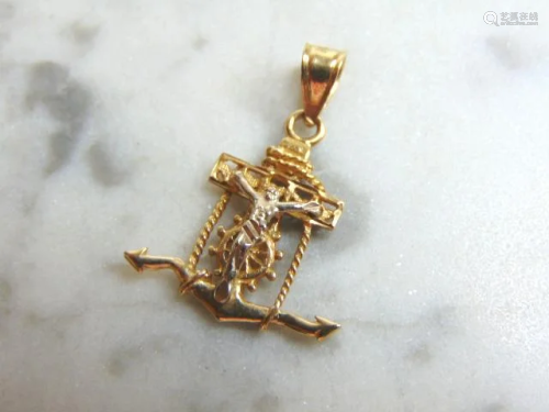 14K Gold Religious Jesus on Cross & Anchor Pendant