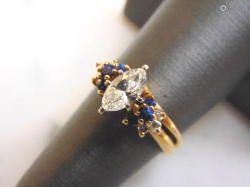Womens Vintage 14K Gold Marquise Diamond Sapphire Ring