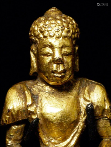 18thC Sold bronze Buddha,, carved- Miniature-RARE