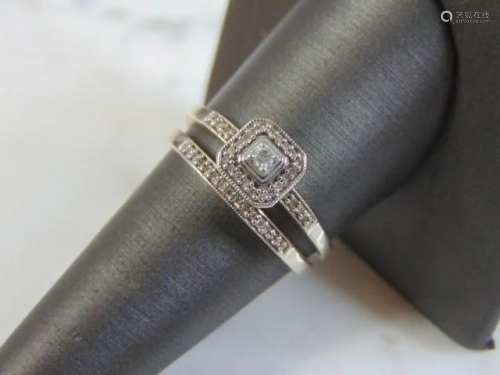 Womens Vintage 10K White Gold Diamond Wedding Ring Set