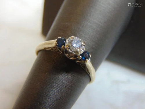 Womens Vintage 14K Gold Ring w/ Blue Sapphire & Diamond
