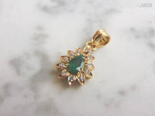 Womens Vintage 14k Yellow Gold Diamond Emerald Pendant