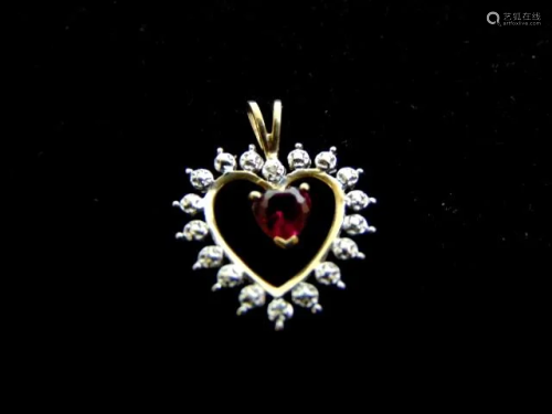 Womens Vintage 10K Gold Heart Diamond Pendant w/ Garnet