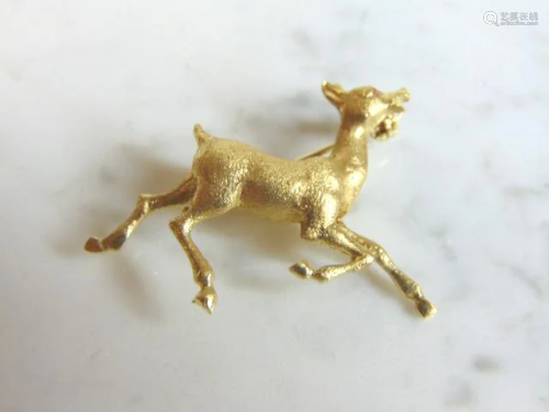 Womens Vintage Estate 14K Yellow Gold Deer Brooch