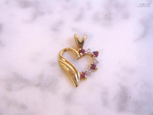 Womens Vintage 10K Gold Heart Diamond Pendant w/ Garnet