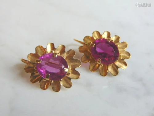 Womens Vintage 14K Gold Dangle Earrings w/ Pink Stones