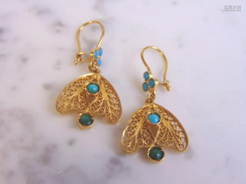 Womens Vintage 18K Yellow Gold Filigree Dangle Earrings