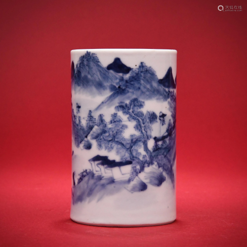 A Blue and White Landscape Brushpot Qing Dynasty