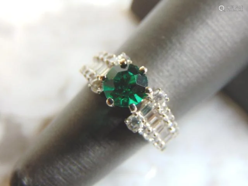 Womens Vintage 14K White Gold Ring w/ Emerald & Diamond