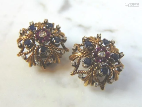 Womens Vintage Estate 18K Gold Multi Stone Earrings