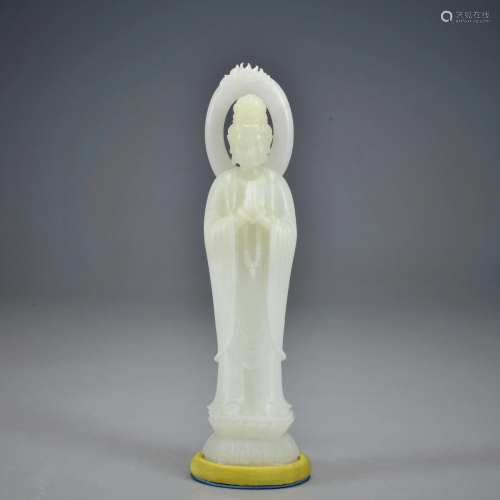 A Carved White Jade Standing Guanyin Qing Dynasty