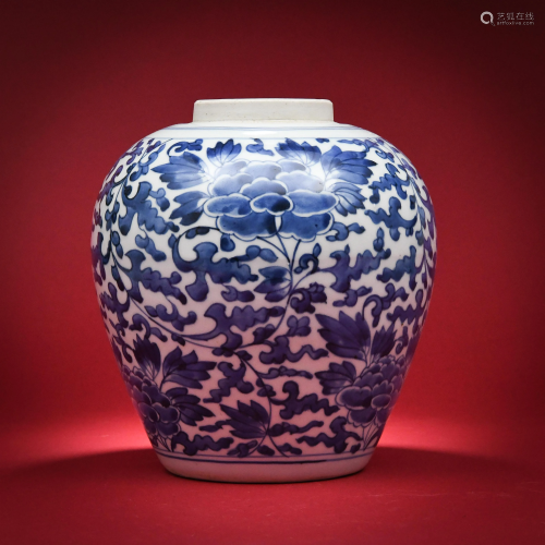 A Blue and White Lotus Scrolls Jar Kangxi Period Qing