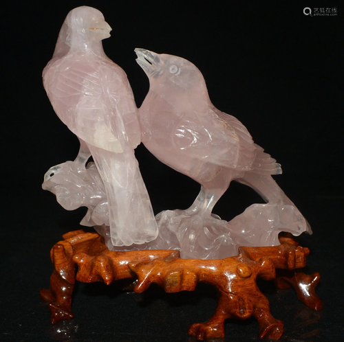 Animal Statues--Pink stone carving of flowers and birds