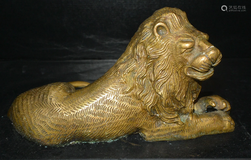 BRONZE MALE LION BEAST--Antique bronze gilt male lion