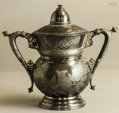 Exquisite antique pewter pot decorated with birds-flowe