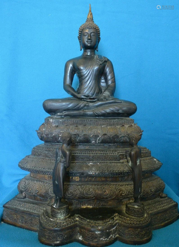 17th C. bronze metal buddha statue with two guarantors