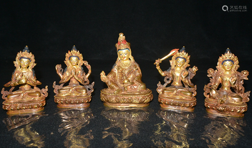 Set of 5 pieces Bronze gilt Guanyin bodhisattva statue